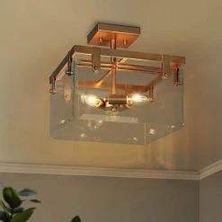 12.5 in. 3-Light Dark Gold Semi-Flush Mount Light with Clear Glass Panels, Modern Ceiling Light for Bedroom by Zevni