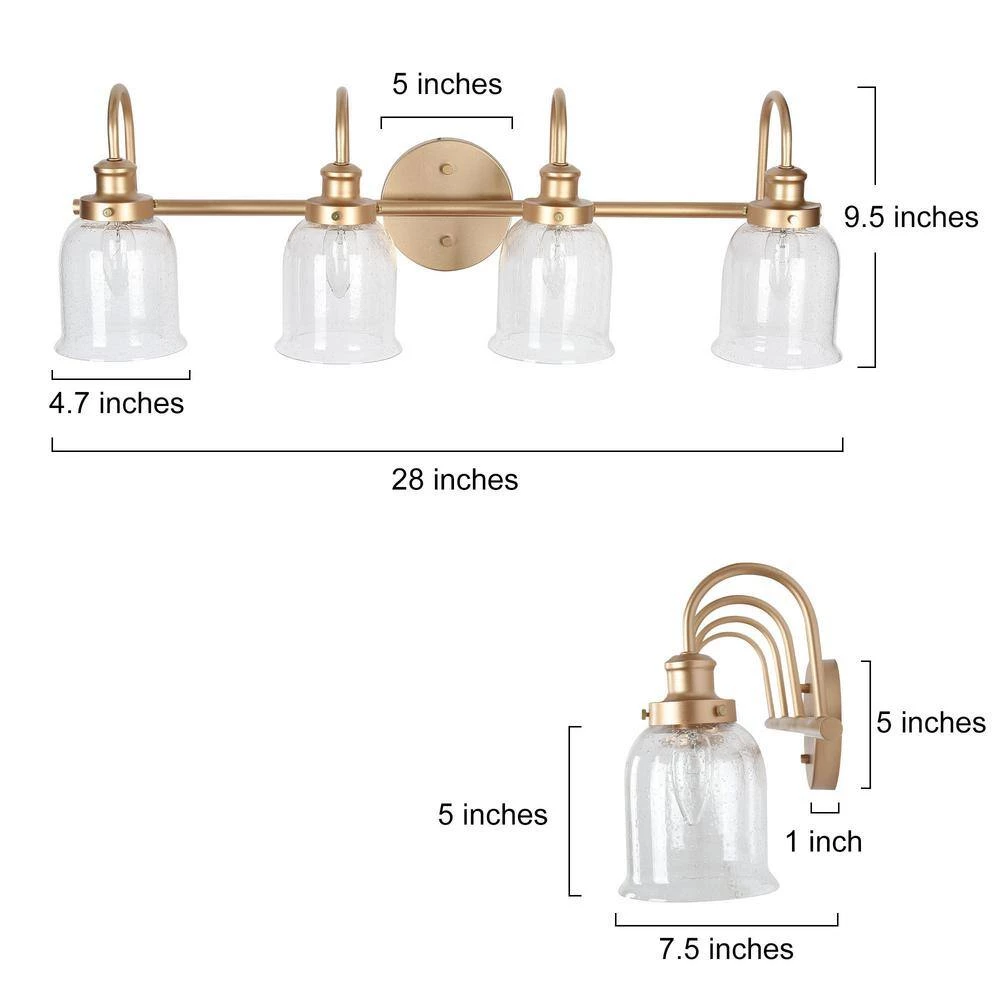 Walnute 28 in. Modern 4-Light Dark Gold Bathroom Vanity Light, Classic Bath Lighting with Bell Seeded Glass Wall Sconce by Zevni - Image 3