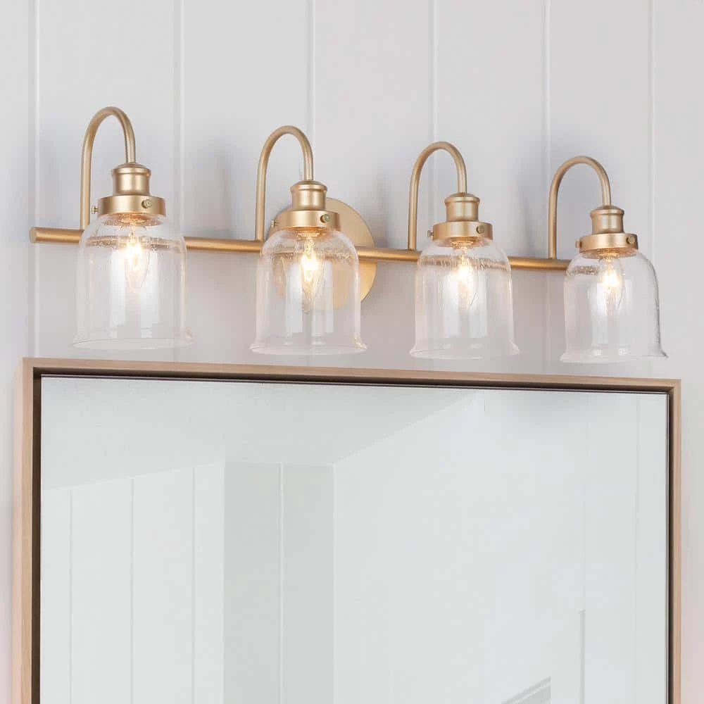Walnute 28 in. Modern 4-Light Dark Gold Bathroom Vanity Light, Classic Bath Lighting with Bell Seeded Glass Wall Sconce by Zevni