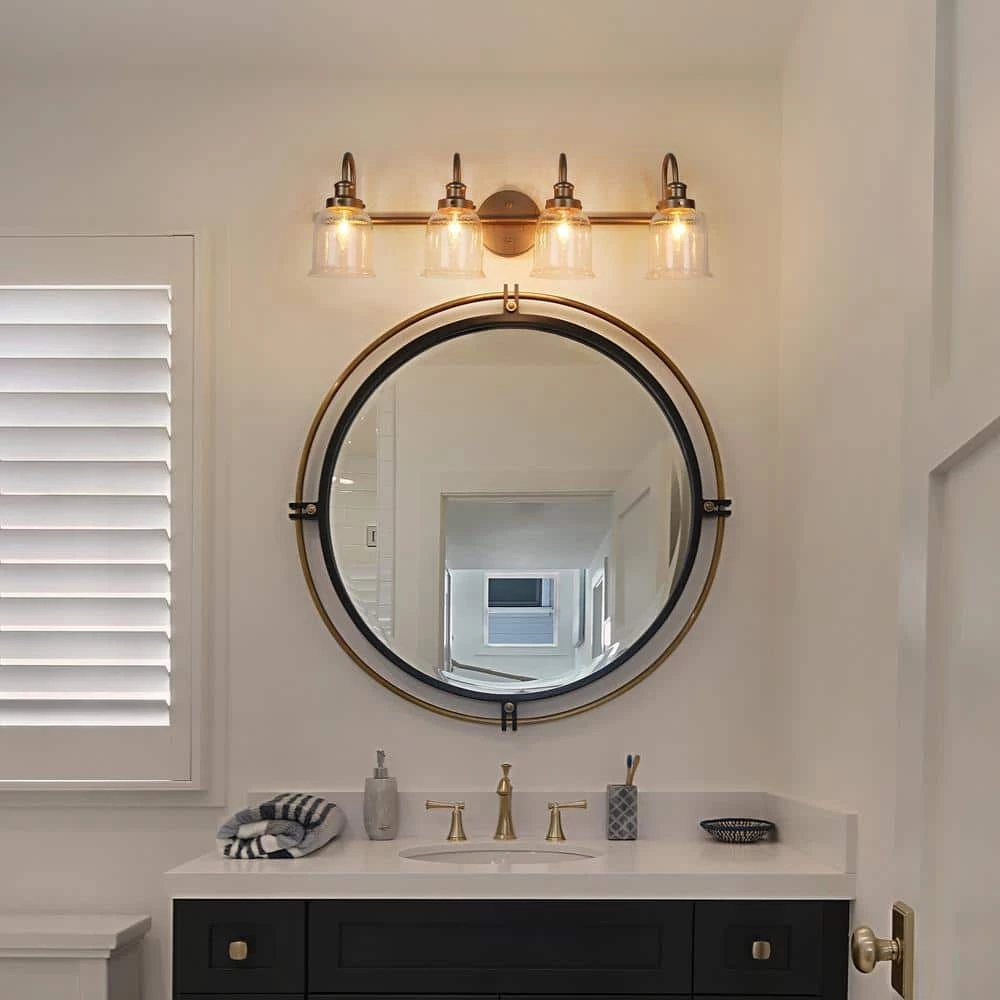 Walnute 28 in. Modern 4-Light Dark Gold Bathroom Vanity Light, Classic Bath Lighting with Bell Seeded Glass Wall Sconce by Zevni - Image 2