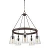 Loras 5-Light Dark Weathered Iron Industrial Transitional Wagon Wheel Hanging Chandelier with Clear Seeded Glass Shades by Feiss