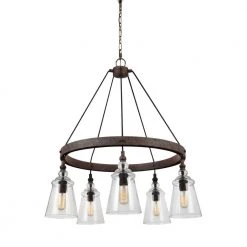 Loras 5-Light Dark Weathered Iron Industrial Transitional Wagon Wheel Hanging Chandelier with Clear Seeded Glass Shades by Feiss