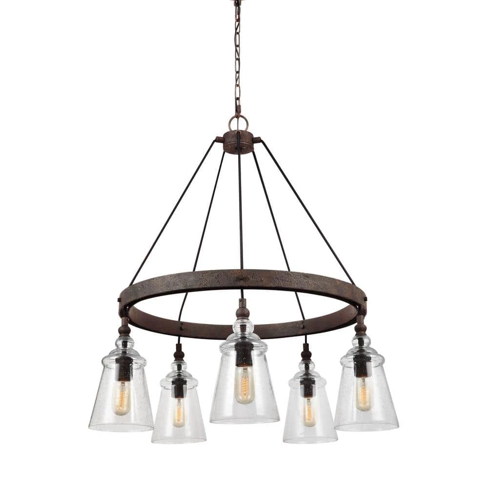Loras 5-Light Dark Weathered Iron Industrial Transitional Wagon Wheel Hanging Chandelier with Clear Seeded Glass Shades by Feiss