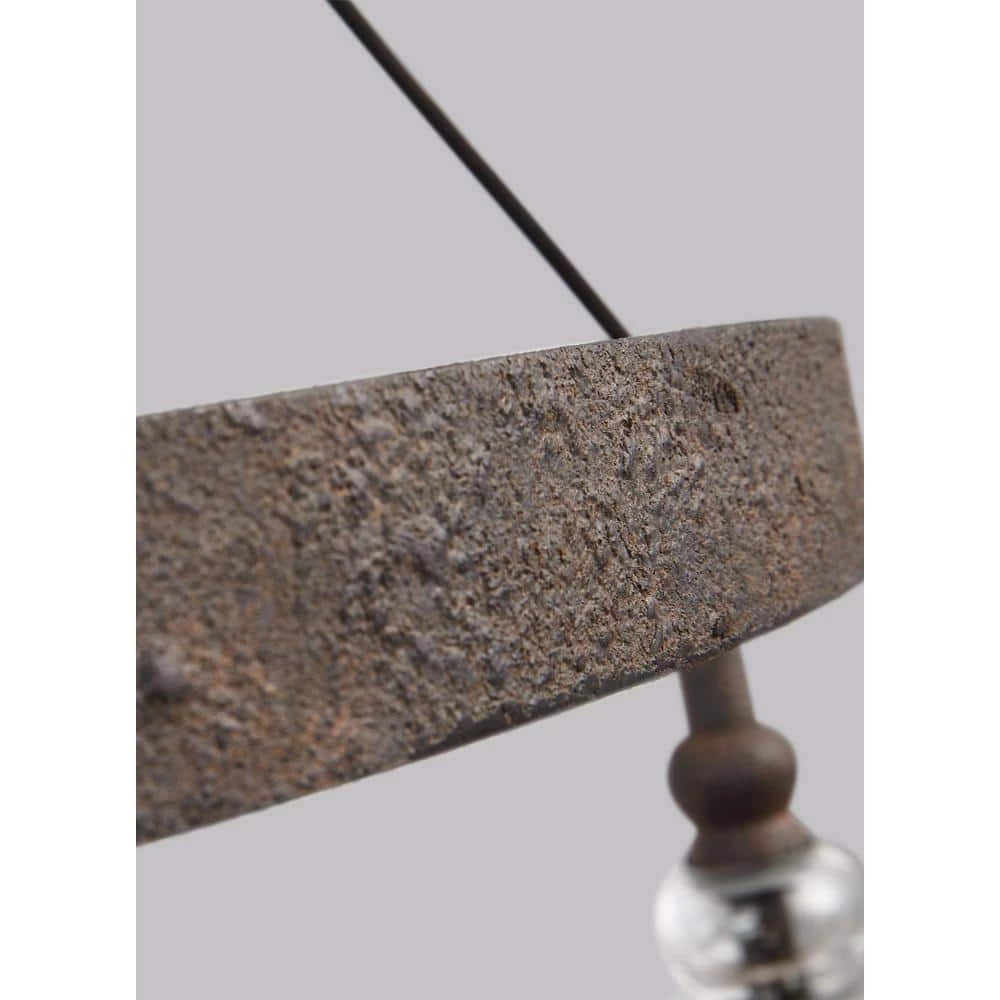Loras 5-Light Dark Weathered Iron Industrial Transitional Wagon Wheel Hanging Chandelier with Clear Seeded Glass Shades by Feiss - Image 4