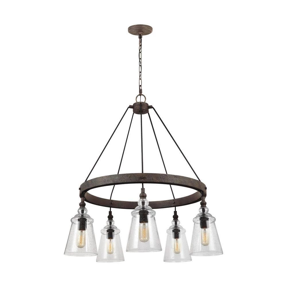 Loras 5-Light Dark Weathered Iron Industrial Transitional Wagon Wheel Hanging Chandelier with Clear Seeded Glass Shades by Feiss - Image 2