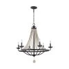 Nori 6-Light Dark Weathered Zinc and Driftwood Grey Rustic Farmhouse Hanging Beaded Wagon Wheel Candlestick Chandelier by Feiss