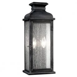 Pediment 7 in. W 2-Light Dark Weathered Zinc Outdoor 18.125 in. Wall Lantern Sconce with Clear Seeded Glass by Feiss