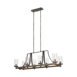 Angelo 8-Light Distressed Weathered Oak / Slate Grey Metal Rustic Rectangular Island Chandelier with Clear Wavy Glass by Feiss