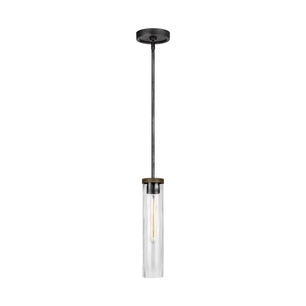 Angelo 1-Light Distressed Weathered Oak and Slate Gray Metal Hanging Mini-Pendant with Thick Wavy Glass Shade by Feiss