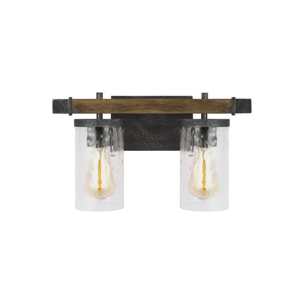 Angelo 3-Light Distressed Weathered Oak and Slate Grey Metal Bathroom Vanity Light with Clear Thick Wavy Glass Shades by Feiss