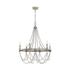 Beverly 6-Light French Washed Oak and Distressed White Wood Beaded Wagon Wheel Farmhouse Hanging Candlestick Chandelier by Feiss