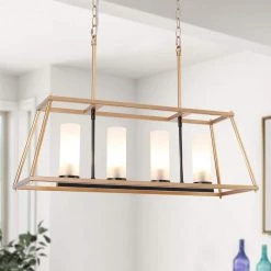 28.5 in. 4-Light Modern Gold Island Chandelier, Transitional Black Cage Chandelier, Frosted Glass LED Pendant Light by Zevni