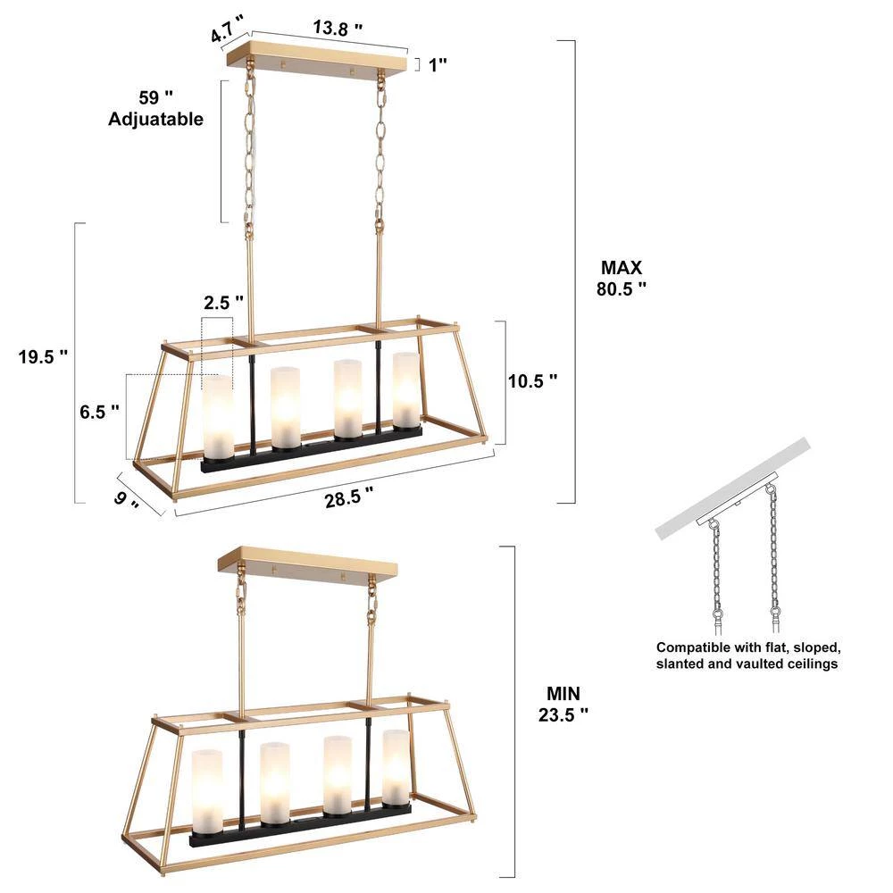 28.5 in. 4-Light Modern Gold Island Chandelier, Transitional Black Cage Chandelier, Frosted Glass LED Pendant Light by Zevni - Image 3
