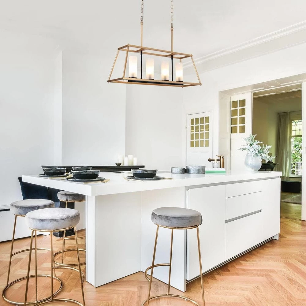 28.5 in. 4-Light Modern Gold Island Chandelier, Transitional Black Cage Chandelier, Frosted Glass LED Pendant Light by Zevni - Image 2