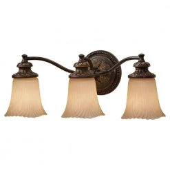 Emma 21.5 in. W 3-Light Grecian Bronze Bathroom Vanity Light with Cream Etched Glass Shade and Vintage Ornate Backplate by Feiss