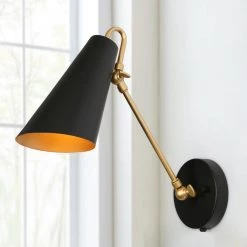 Plug-In or Hardwired DIY Wall Sconce, 1-Light Modern Black Wall Sconce Lighting, Farmhouse Gold Swing Arm Wall Lamp by Zevni