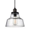 Baskin 10 in. W 1-Light Painted Aged Brass/Dark Weathered Zinc Rustic Clear Glass Bell Shaped Pendant with Cloth Cord by Feiss