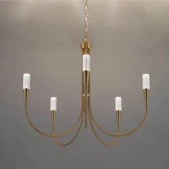 Modern Integrated LED Chandelier, 5-Light Polished Brass Candlestick Chandelier, Farmhouse Hanging Pendant Light by Zevni