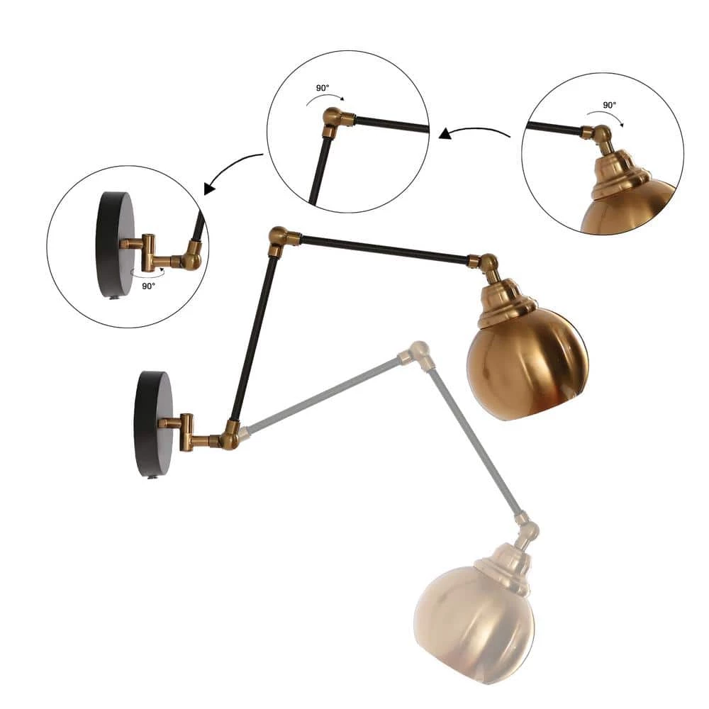 Plug-In/Hardwire Swing Arm Wall Light, 1-Light Modern Polished Brass Wall Sconce, Industrial Black Wall Sconce Lighting by Zevni - Image 3