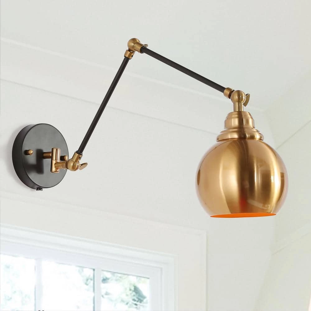 Plug-In/Hardwire Swing Arm Wall Light, 1-Light Modern Polished Brass Wall Sconce, Industrial Black Wall Sconce Lighting by Zevni