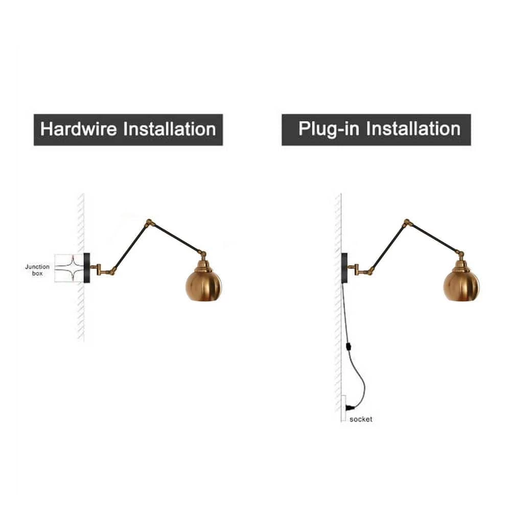 Plug-In/Hardwire Swing Arm Wall Light, 1-Light Modern Polished Brass Wall Sconce, Industrial Black Wall Sconce Lighting by Zevni - Image 4