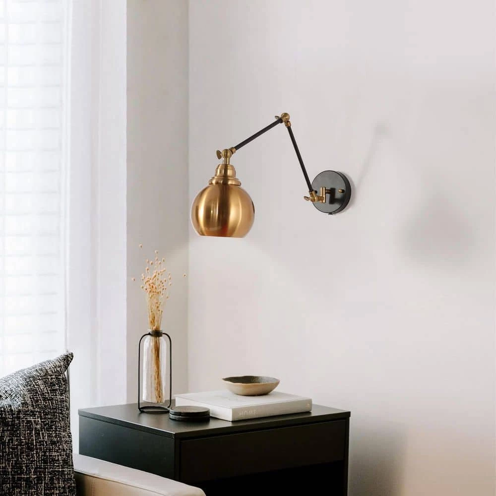 Plug-In/Hardwire Swing Arm Wall Light, 1-Light Modern Polished Brass Wall Sconce, Industrial Black Wall Sconce Lighting by Zevni - Image 2