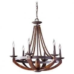 Adan 6-Light Rustic Iron/Burnished Wood Beaded Candlestick Hanging Chandelier with Carved Wood Bead Details by Feiss
