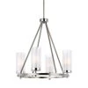 Jonah 4-Light Satin Nickel/Chrome Modern Contemporary Hanging Wagon Wheel Chandelier with Etched Glass Shades by Feiss