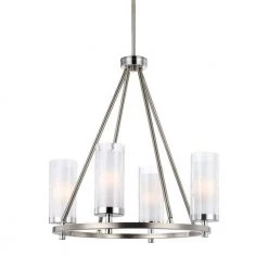 Jonah 4-Light Satin Nickel/Chrome Modern Contemporary Hanging Wagon Wheel Chandelier with Etched Glass Shades by Feiss