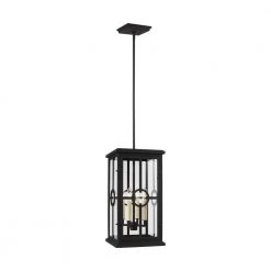 Belleville Medium 4-Light Textured Black Hanging Pendant with Clear Glass Panels by Feiss