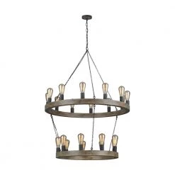 Avenir 21-Light Weathered Oak Wood and Antique Forged Iron Rustic Farmhouse Wagon Wheel Hanging Candlestick Chandelier by Feiss