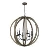 Allier 6-Light Weathered Oak Wood and Antique Forged Iron Rustic Farmhouse Hanging Globe Candlestick Chandelier by Feiss