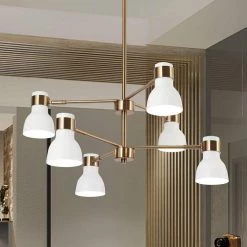 Suddly 6-Light Modern Brass Gold Adjustable Chandelier, Industrial Two Tiers Hanging Pendant with White Cone Metal Shade by Zevni