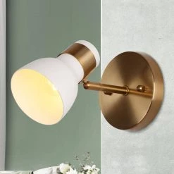 Suddly 1-Light Modern Brass Gold Indoor Wall Sconce, 4.7 in. Industrial Vanity Light with White Metal Shade for Bedroom by Zevni